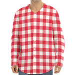 Raspberry Red And White Gingham Print Long Sleeve Baseball Jersey