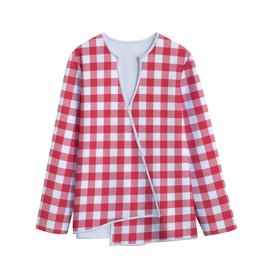 Raspberry Red And White Gingham Print Long Sleeve Short Coat