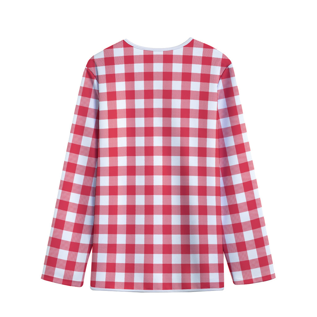 Raspberry Red And White Gingham Print Long Sleeve Short Coat