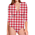 Raspberry Red And White Gingham Print Long Sleeve Swimsuit