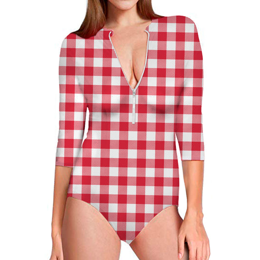 Raspberry Red And White Gingham Print Long Sleeve Swimsuit