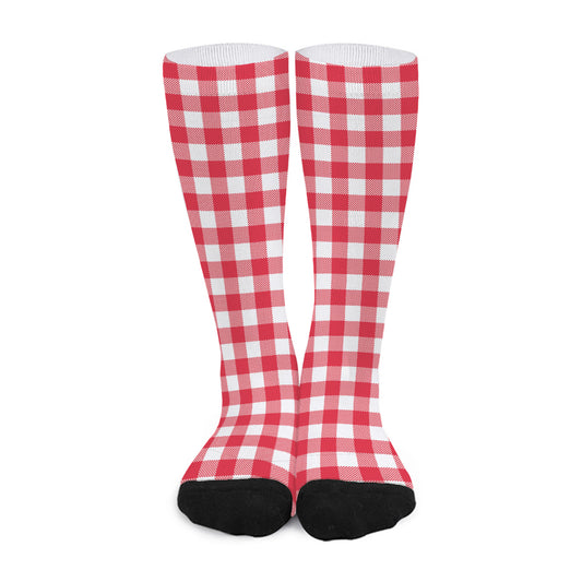 Raspberry Red And White Gingham Print Long Socks