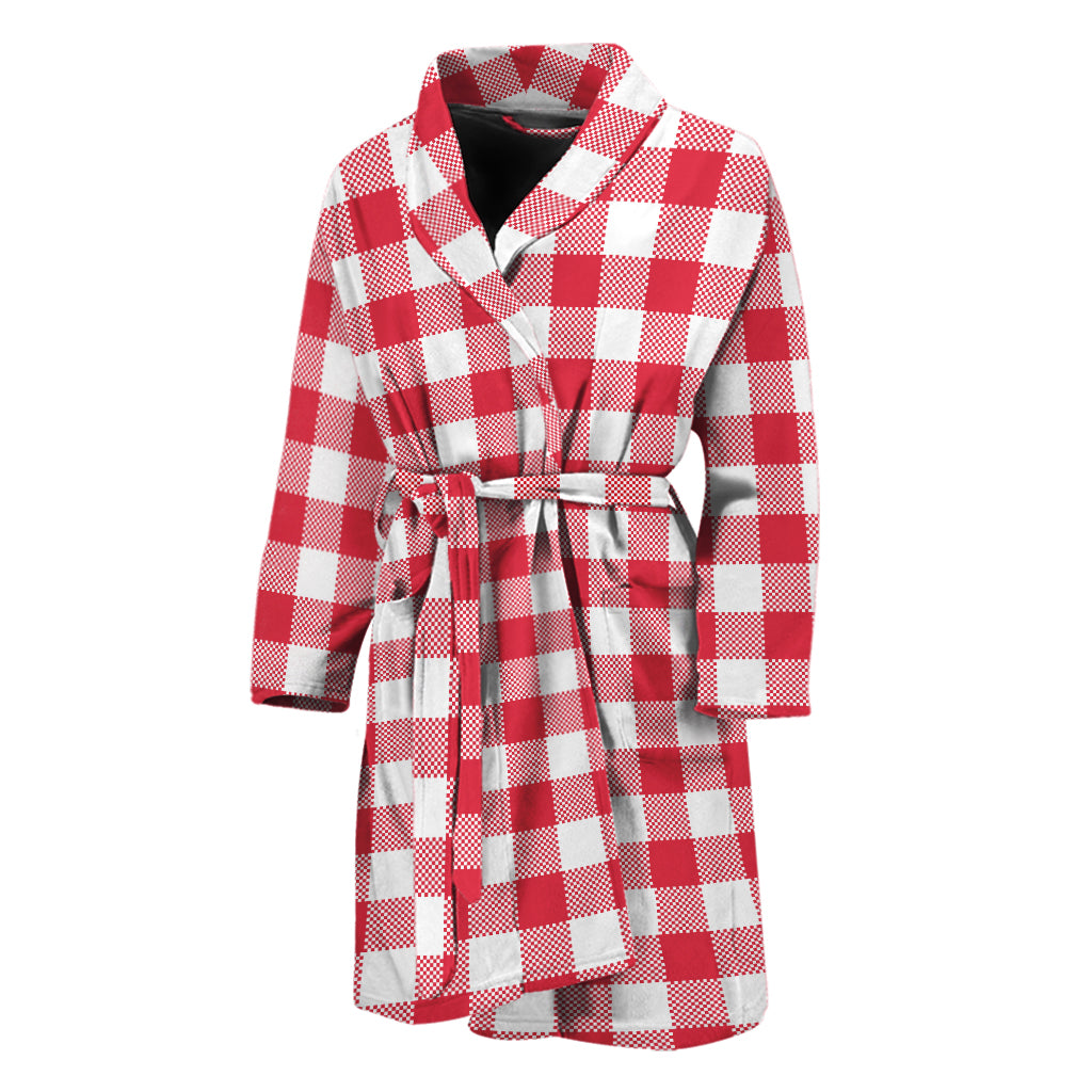 Raspberry Red And White Gingham Print Men's Bathrobe