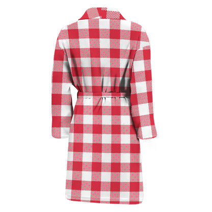 Raspberry Red And White Gingham Print Men's Bathrobe