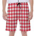 Raspberry Red And White Gingham Print Men's Beach Shorts
