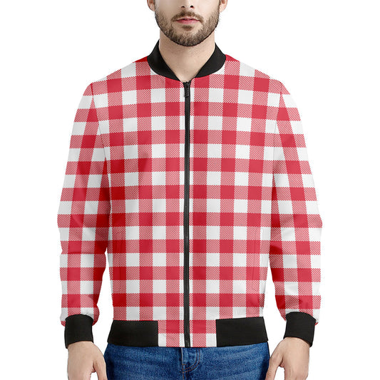 Raspberry Red And White Gingham Print Men's Bomber Jacket