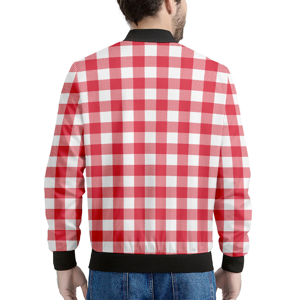 Raspberry Red And White Gingham Print Men's Bomber Jacket