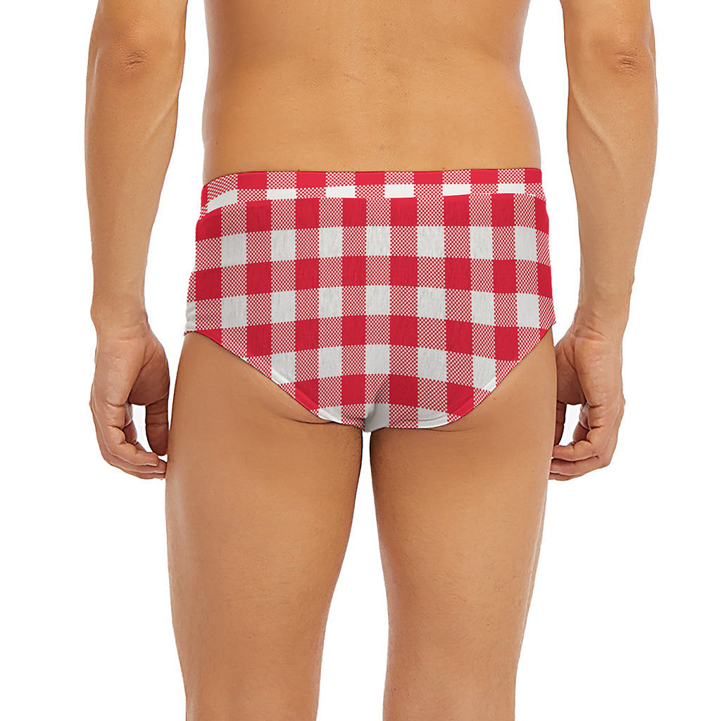 Raspberry Red And White Gingham Print Men's Briefs