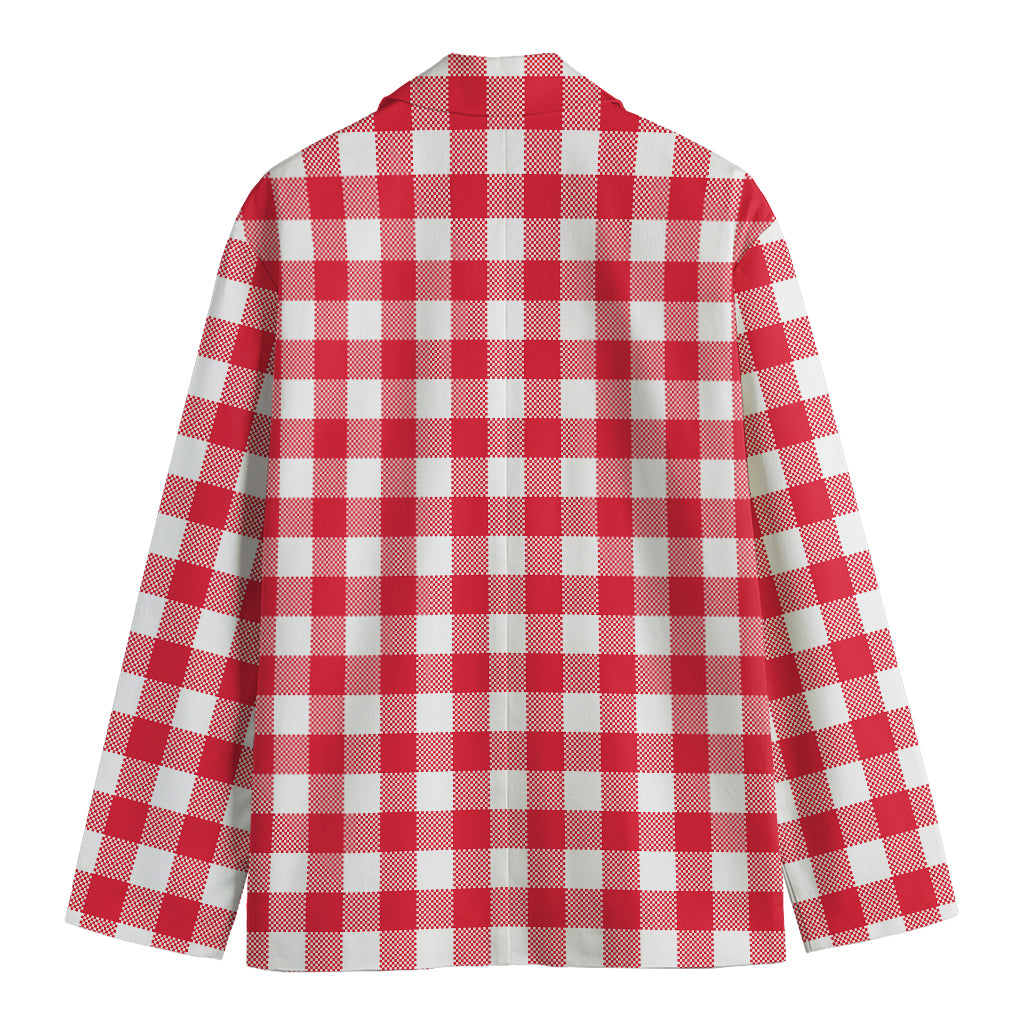 Raspberry Red And White Gingham Print Men's Cotton Blazer
