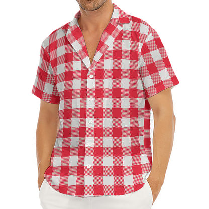 Raspberry Red And White Gingham Print Men's Deep V-Neck Shirt