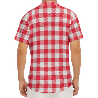 Raspberry Red And White Gingham Print Men's Deep V-Neck Shirt