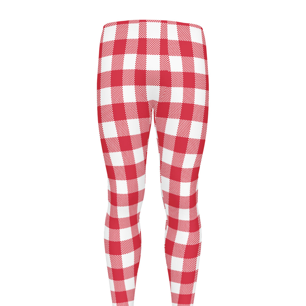 Raspberry Red And White Gingham Print Men's leggings