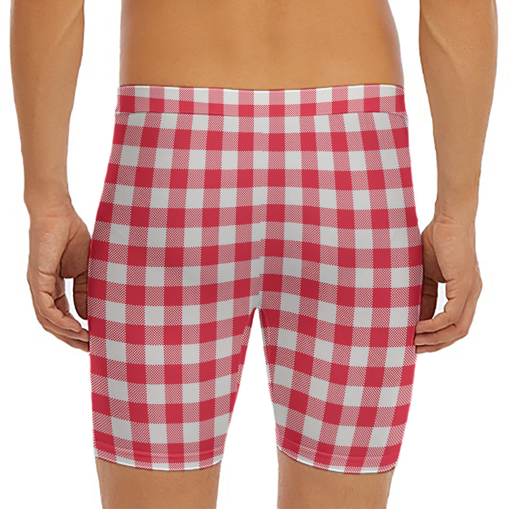 Raspberry Red And White Gingham Print Men's Long Boxer Briefs