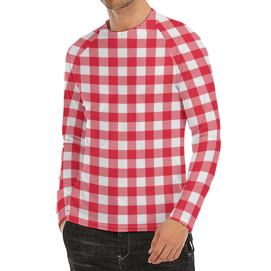 Raspberry Red And White Gingham Print Men's Long Sleeve Rash Guard