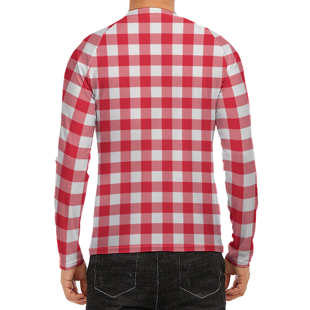Raspberry Red And White Gingham Print Men's Long Sleeve Rash Guard