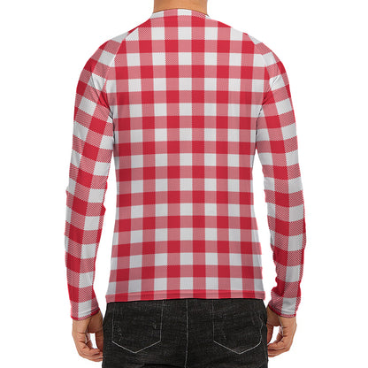 Raspberry Red And White Gingham Print Men's Long Sleeve Rash Guard