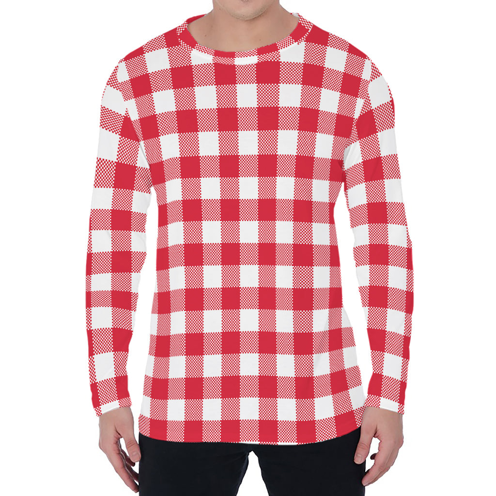 Raspberry Red And White Gingham Print Men's Long Sleeve T-Shirt