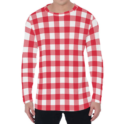 Raspberry Red And White Gingham Print Men's Long Sleeve T-Shirt