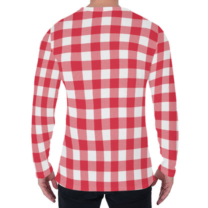Raspberry Red And White Gingham Print Men's Long Sleeve T-Shirt