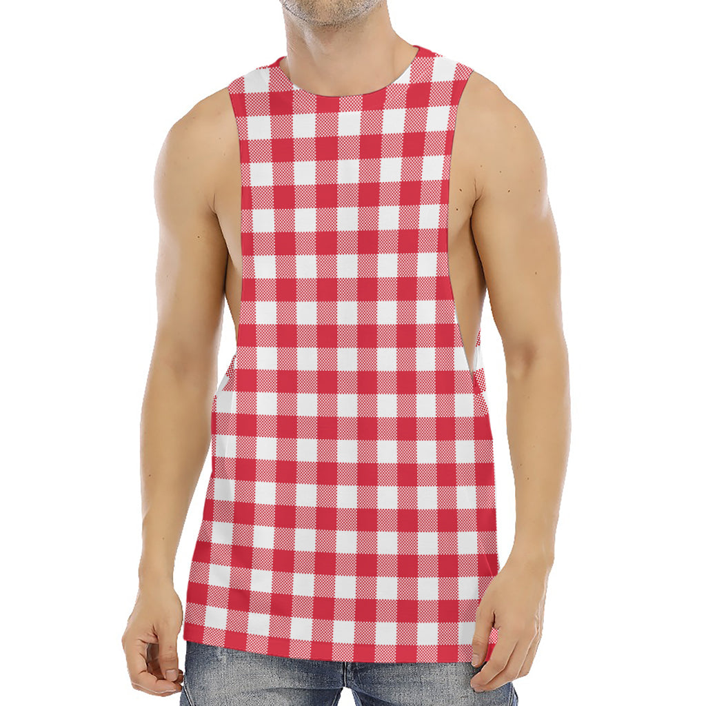 Raspberry Red And White Gingham Print Men's Muscle Tank Top