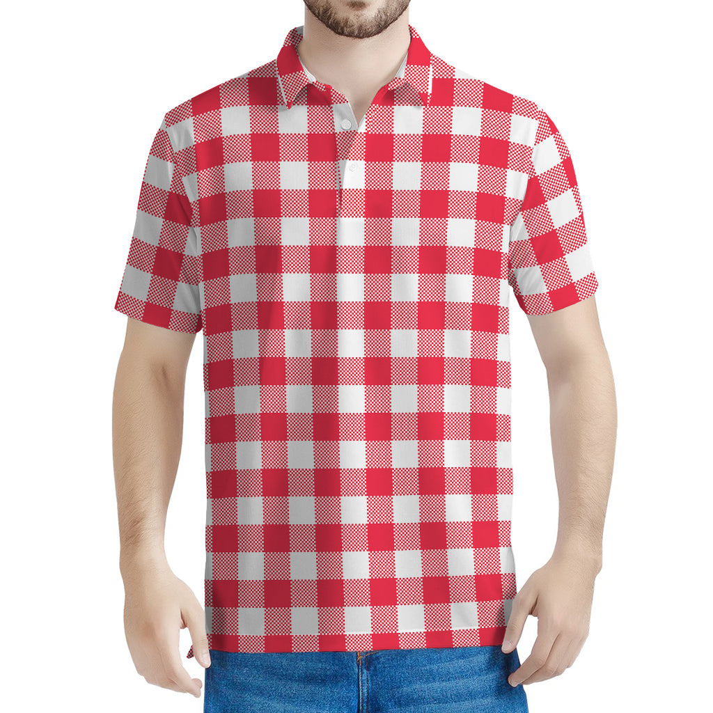 Raspberry Red And White Gingham Print Men's Polo Shirt