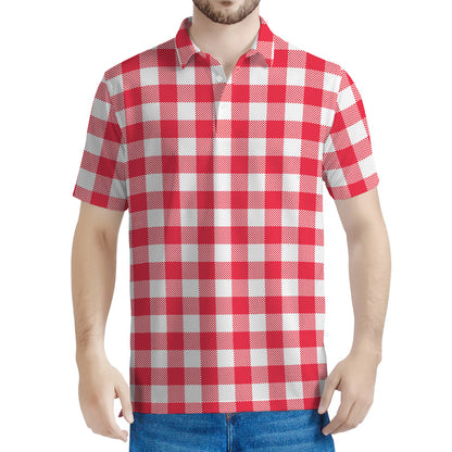 Raspberry Red And White Gingham Print Men's Polo Shirt