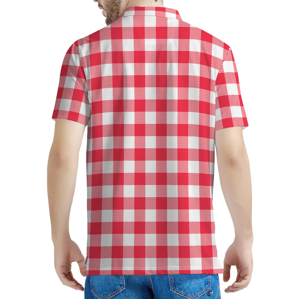 Raspberry Red And White Gingham Print Men's Polo Shirt