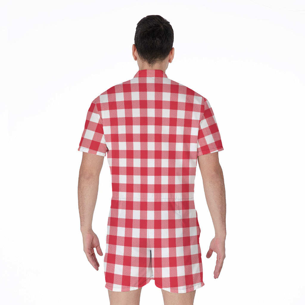 Raspberry Red And White Gingham Print Men's Rompers