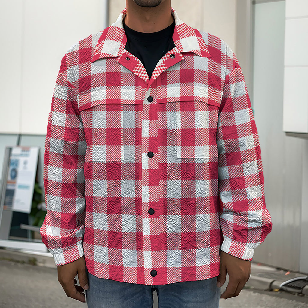 Raspberry Red And White Gingham Print Men's Shirt Jacket