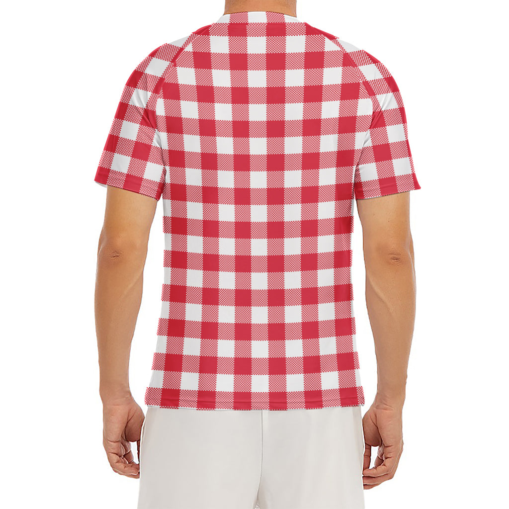 Raspberry Red And White Gingham Print Men's Short Sleeve Rash Guard