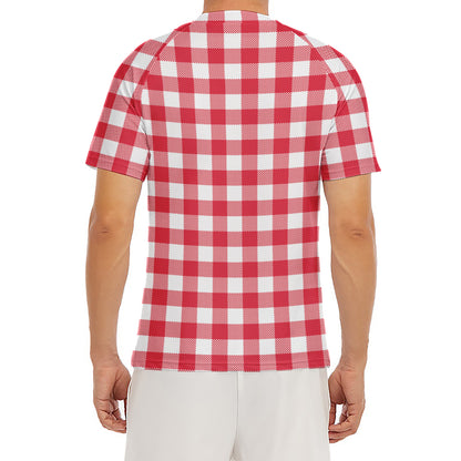 Raspberry Red And White Gingham Print Men's Short Sleeve Rash Guard