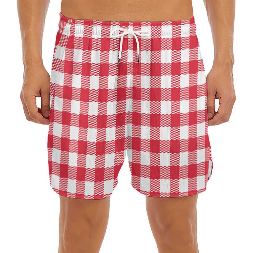 Raspberry Red And White Gingham Print Men's Split Running Shorts