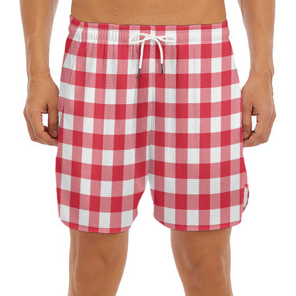 Raspberry Red And White Gingham Print Men's Split Running Shorts