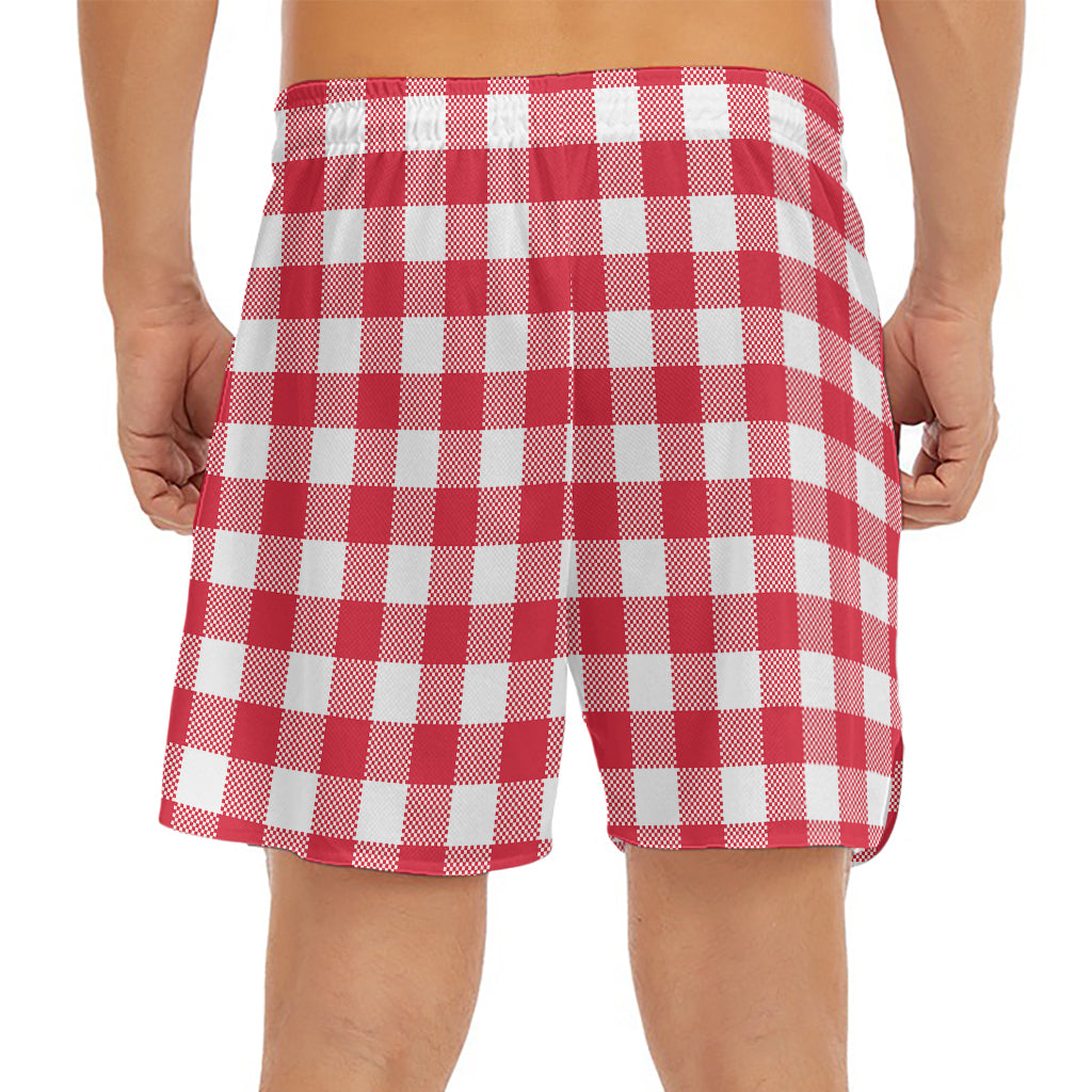 Raspberry Red And White Gingham Print Men's Split Running Shorts