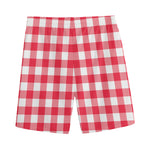 Raspberry Red And White Gingham Print Men's Sports Shorts