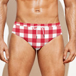 Raspberry Red And White Gingham Print Men's Swim Briefs