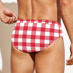 Raspberry Red And White Gingham Print Men's Swim Briefs