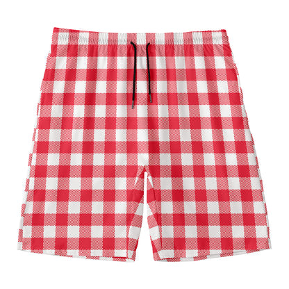 Raspberry Red And White Gingham Print Men's Swim Trunks