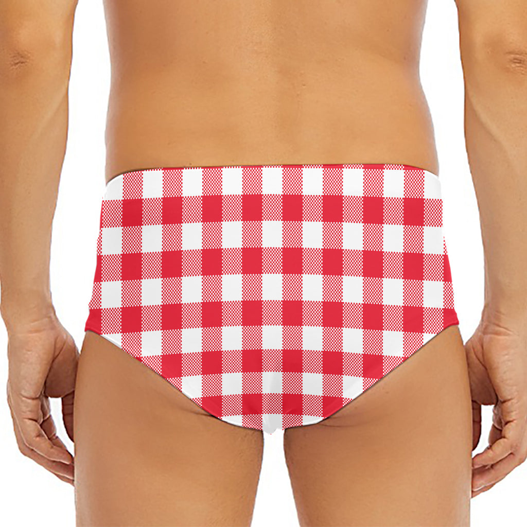 Raspberry Red And White Gingham Print Men's Triangle Swim Briefs