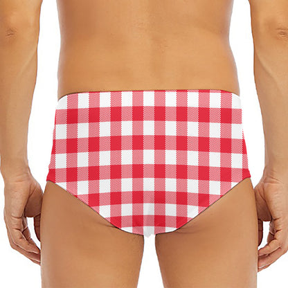 Raspberry Red And White Gingham Print Men's Triangle Swim Briefs