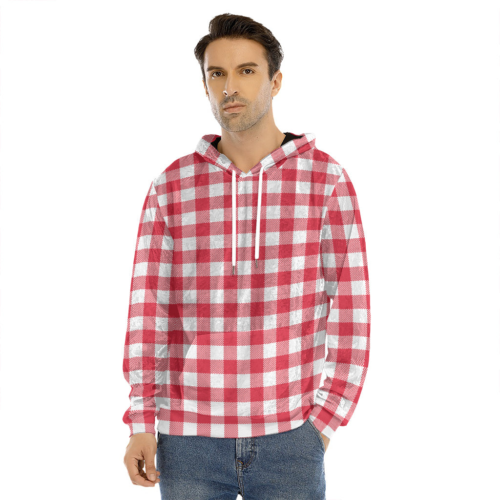 Raspberry Red And White Gingham Print Men's Velvet Pullover Hoodie