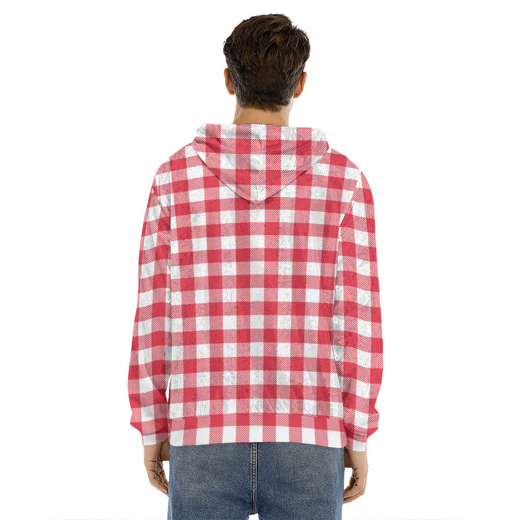 Raspberry Red And White Gingham Print Men's Velvet Pullover Hoodie