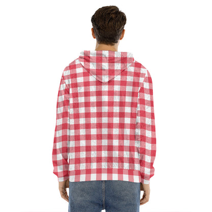 Raspberry Red And White Gingham Print Men's Velvet Pullover Hoodie