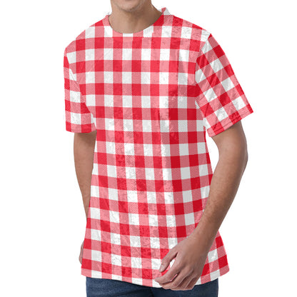 Raspberry Red And White Gingham Print Men's Velvet T-Shirt