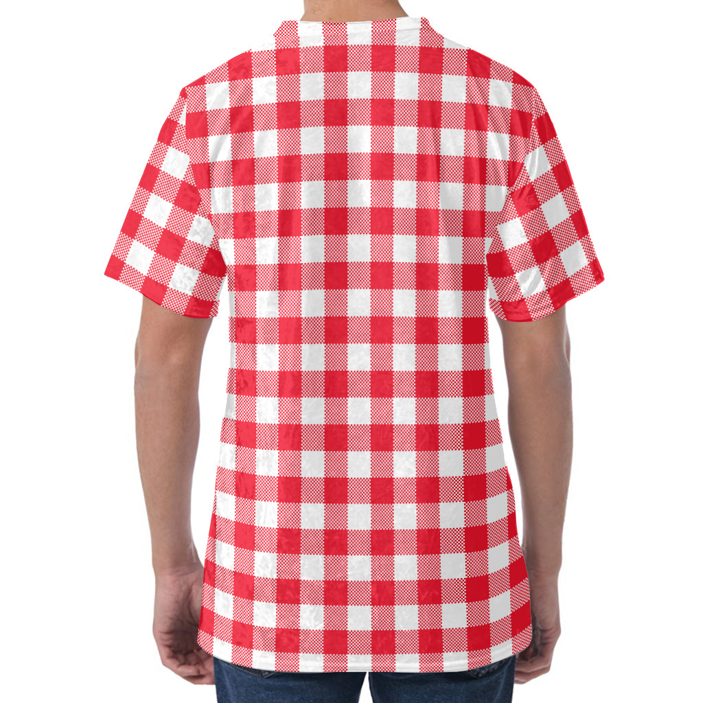 Raspberry Red And White Gingham Print Men's Velvet T-Shirt