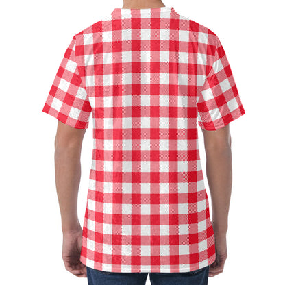 Raspberry Red And White Gingham Print Men's Velvet T-Shirt