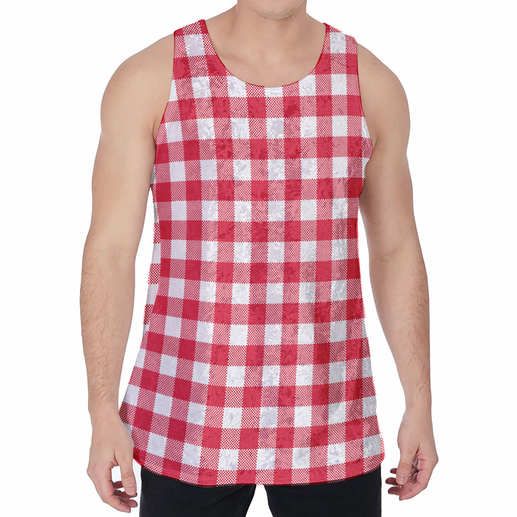 Raspberry Red And White Gingham Print Men's Velvet Tank Top