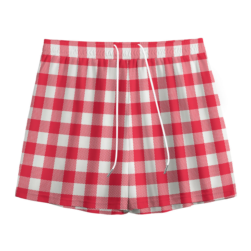 Raspberry Red And White Gingham Print Mesh Shorts