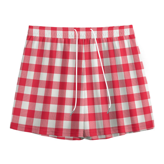 Raspberry Red And White Gingham Print Mesh Shorts