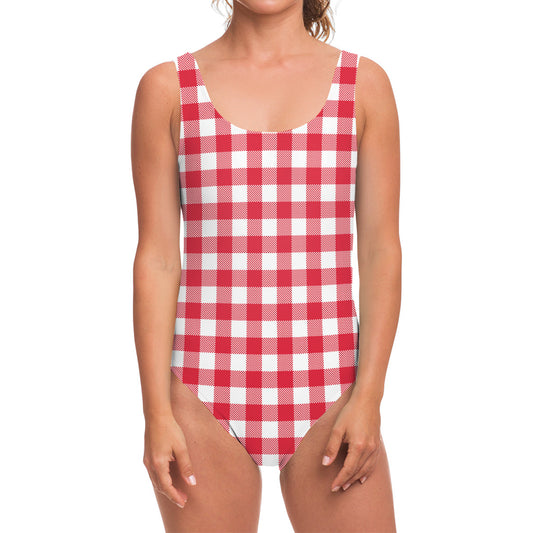 Raspberry Red And White Gingham Print One Piece Swimsuit